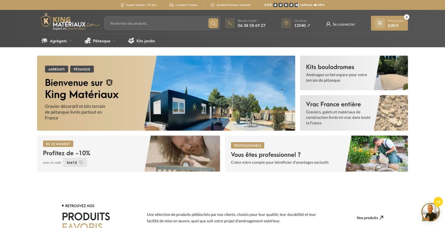 Page d’accueil de kingmateriaux.com : saisie du code postal et univers agrégats, pétanque, kits jardin