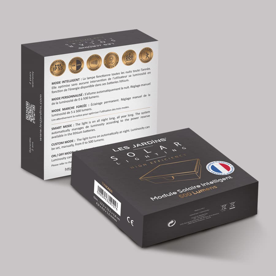 Le packaging du module solaire intelligent 500 lumens Les Jardins Solar Lighting, recto et verso